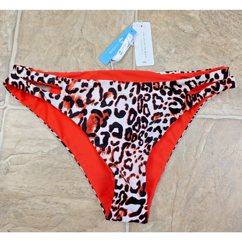 New Cupshe sz XXL Reversible Bikini Bottoms orange animal print solid swim 0759